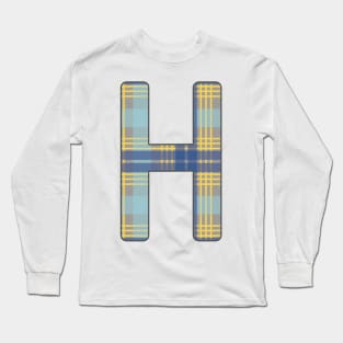 Monogram Letter H, Blue, Yellow and Grey Scottish Tartan Style Typography Design Long Sleeve T-Shirt